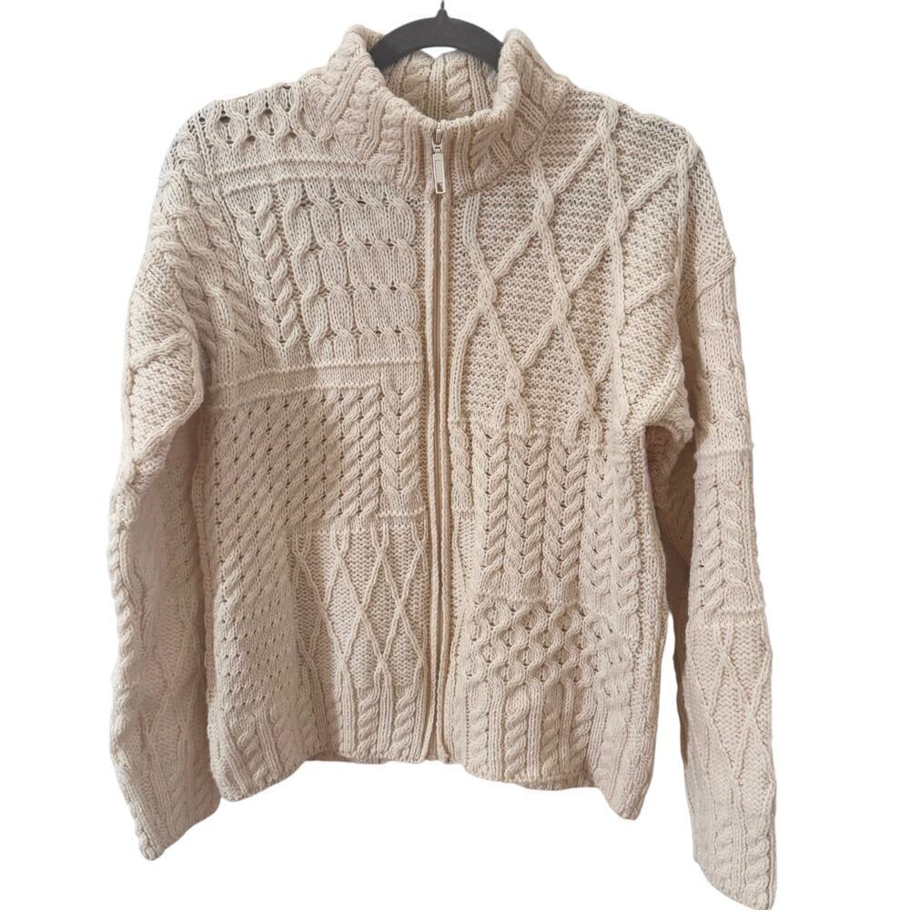Carriag Donn Made in Ireland 100% Merino Wool Zip Up Cardigan Sweater White Sz M